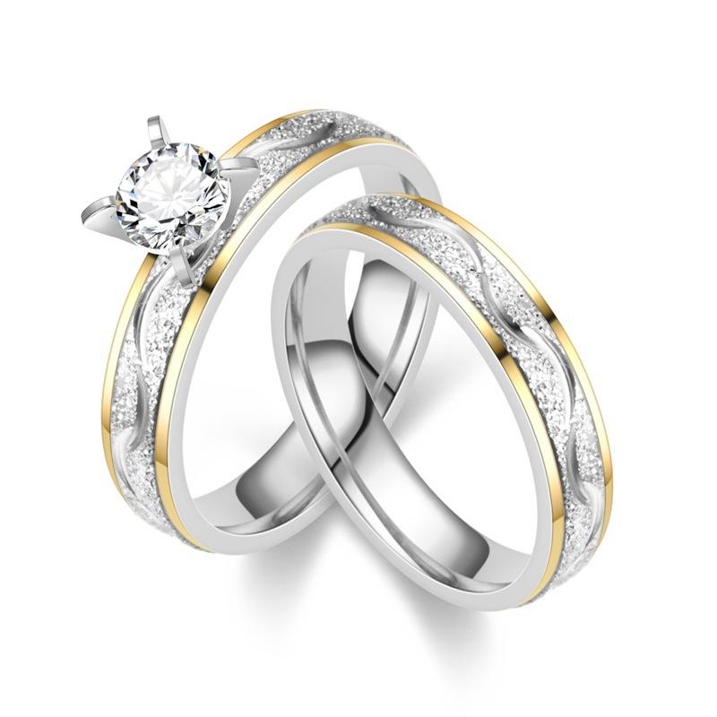 Two-Tone Gold Silver Couple Wedding Ring Set, Solitaire CZ Engagement Rings for Her & Him