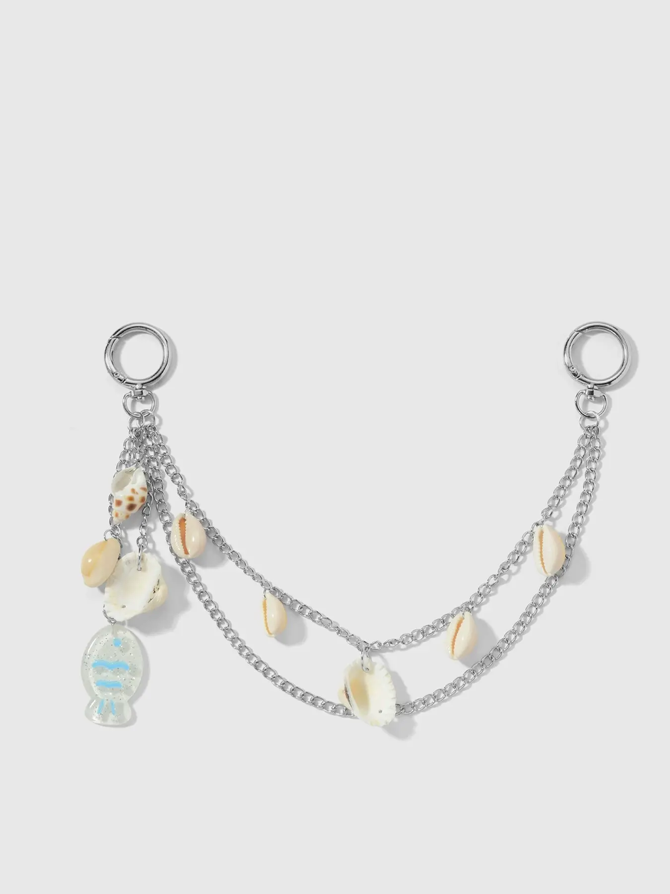 1pc Ladies' ocean style shell multi-layer metal chain hanging decoration, natural conch shell transparent small fish pendant, double ring design, pants chain bag decoration accessories, beach vacation outfits, atmosphere embellishment, essential item
