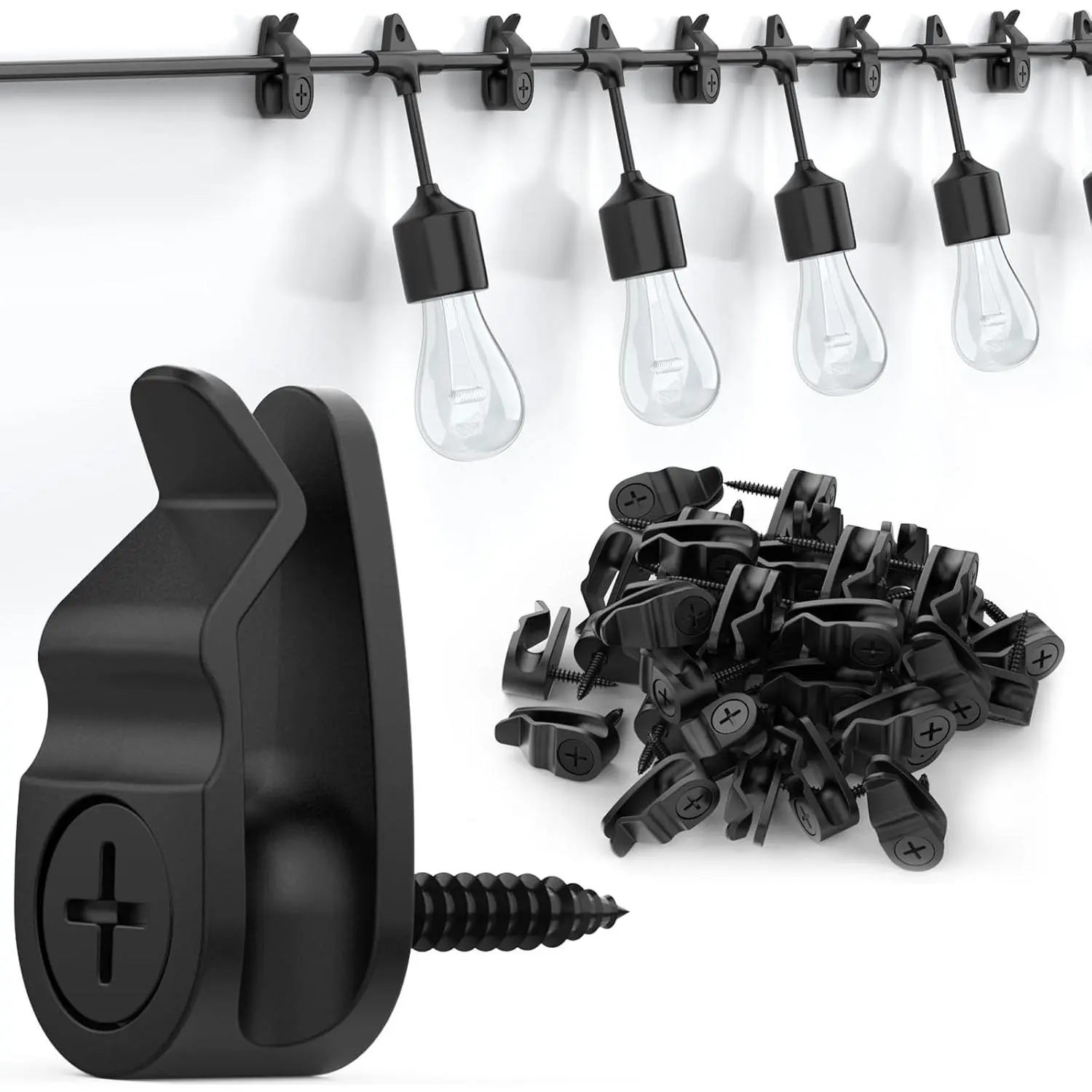 50-Pack Black Outdoor String Lights Clips, Weatherproof Hanging Hooks, Cable Hangers for Fairy Lights Holiday Decor, Clamps, Cable Holders