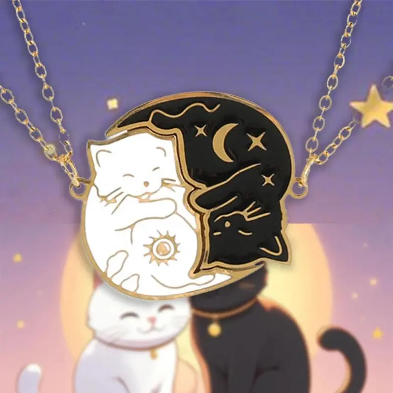 2Pcs Stainless Steel Black White Cat Necklace Love Embrace Cat Matching Couple Pendant Necklaces BFF Jewelry for Women Friend
