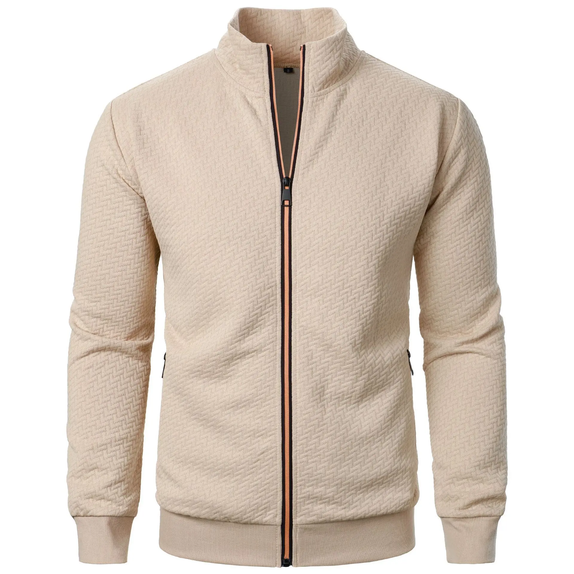 Mens Jacquard Stand Up Collar Zipper Cardigan Long Sleeved Casual Coat Lightweight Loose Fit Daily Hoodie Style Outerwear Versatile Full Zip Front Jacquard Textured Long Sleeve Cardigan Stand Collar Zipper Coat Casual Street Fashion Basic Hoodie