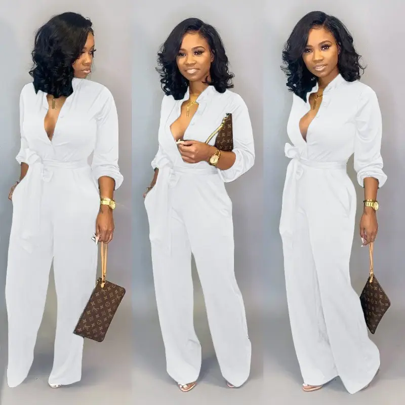 Fashion Comfort Long Sleeve Belted Wide Leg Jumpsuit, Cute Stand Collar Button Down Solid Casual Outfit, Waist Tie One Piece Romper, Ideal Valentine's Day Gift for Her, Best Holiday Present for Lover, Family & Friends