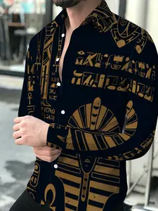 Men's Egyptian Pharaoh Totem Long Sleeve Shirt, Dark Blue Base with Gold Printing, Fashion Casual Loose Lapel Top, Retro Exotic Pattern Design, Daily Commuting Versatile Style Suitable for leisure and sports scenarios