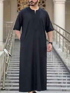 New Muslim Men's Short Sleeve Embroidered Moroccan Style Arab Robe, Ideal for Daily Wear and Gift, Traditional Jelleba Clothing