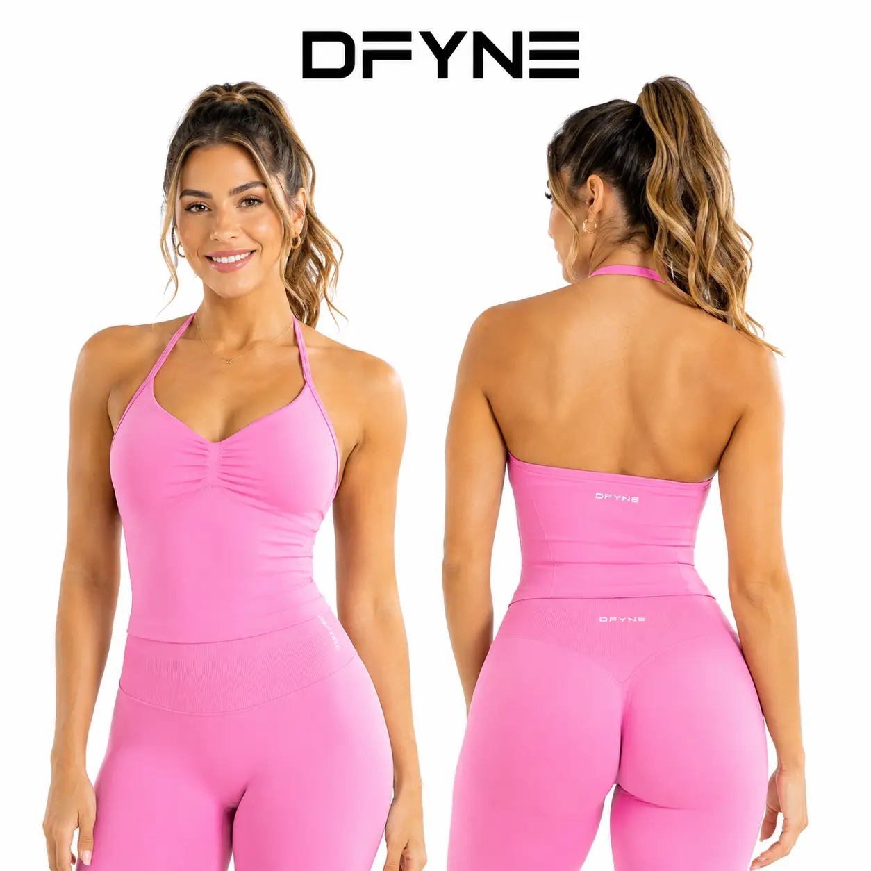DFYNE Women’s Seamless Workout Set, Longline Strappy Sports Top & High Waist Sculpting Shorts 2 Piece Gym Outfit,Women’s 2 Piece Yoga Set, Seamless Backless Longline Top with High Waist Butt Lifting Shorts Workout Outfit