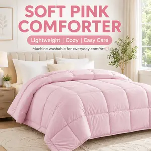 Soft Pink Box Quilted Comforter, Lightweight All Season Polyester Comforter, Machine Washable Cozy Bed Quilt