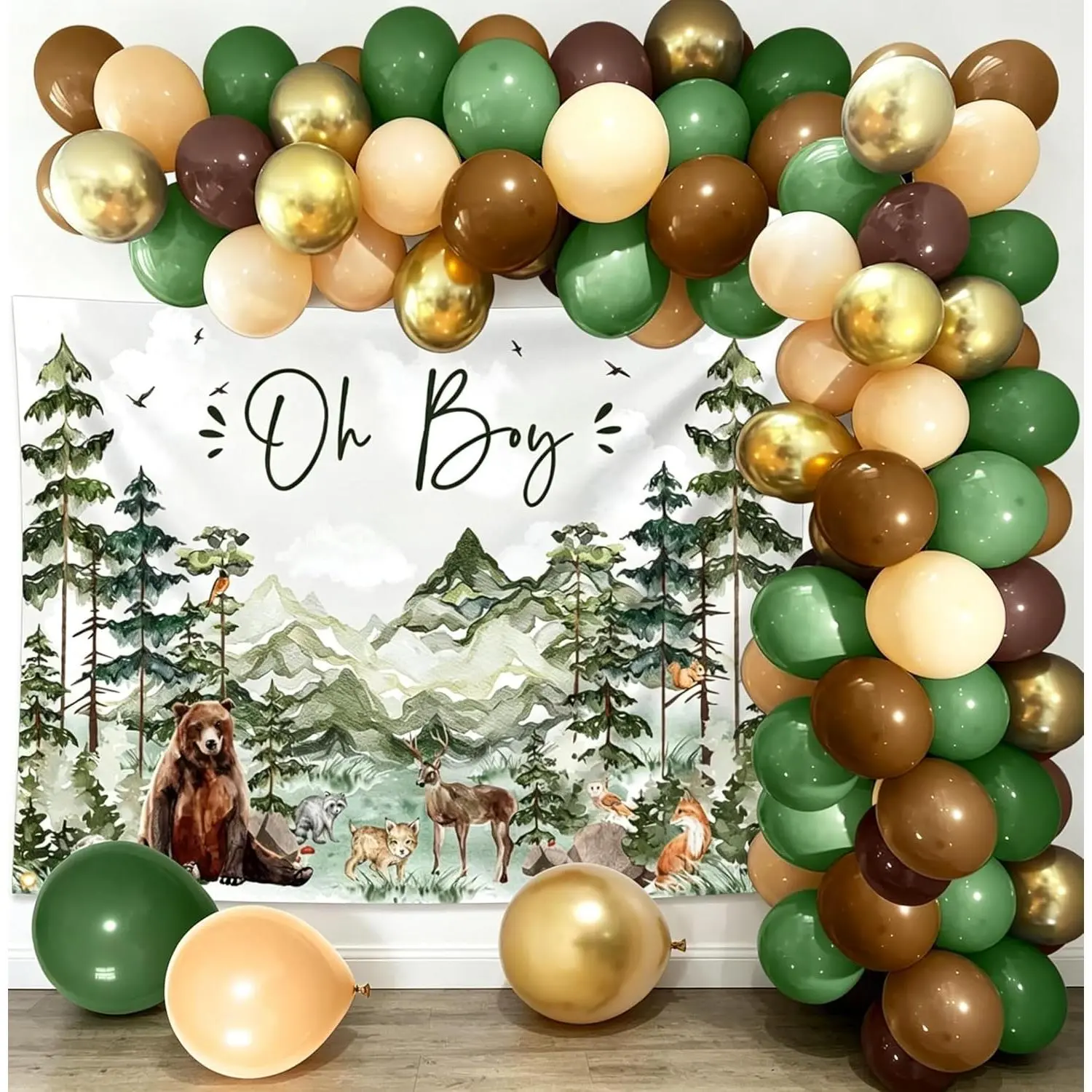 Woodland Baby Shower Decorations Set for Boys - 48x60-inch Hangable Backdrop Banner Balloons, Deer Themed Inflatable Balloons, Forest Mountains Adventure Supplies, Easy Install Gender Reveal Essentials, Watercolour, Banners