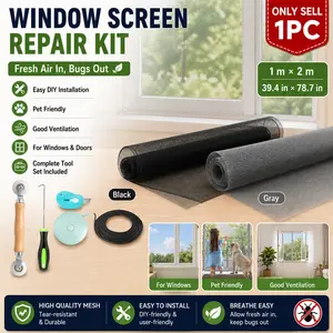 Window Screen Mesh Set, Window Screen Repair Kit, Cuttable Fiberglass Screen Mesh Replacement with Screen Roller, Spline, Removal Hook and Cutter, DIY Screen Door Repair for Windows, Doors, Patio and Porch, 1m x 2m