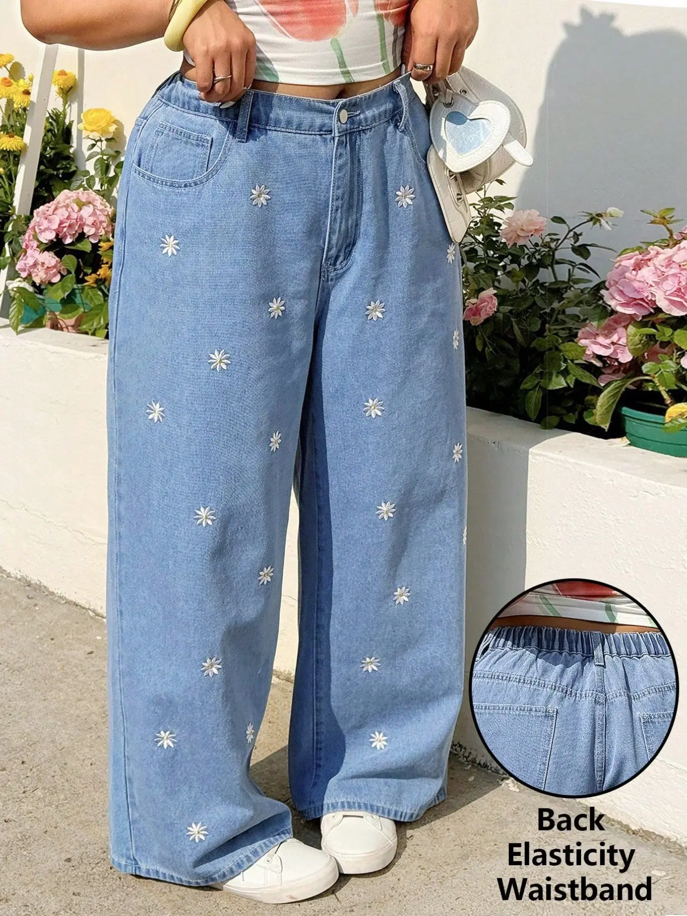 Women's Daisy Embroidered Wide Leg Jeans, Mid Waist Loose-Fitting Baggy Long Pants, Zipper Fly, All Seasons, H-Type Silhouette