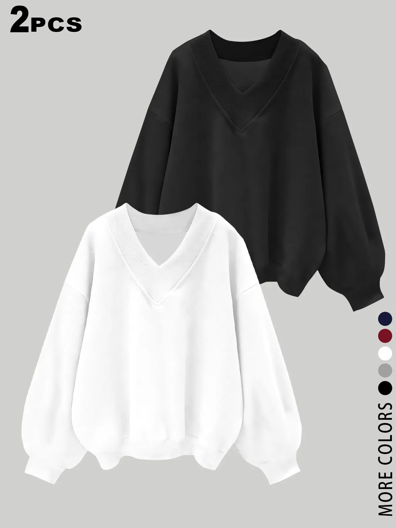 Women 2 Pack Y2K Oversized V Neck Sweatshirts, Loose Lantern Long Sleeve Solid Color Pullover Tops, Viral TikTok Streetwear Basic Layering Shirts, Casual Campus Daily OOTD, Relaxed Blouse for Teen Girls Ladies