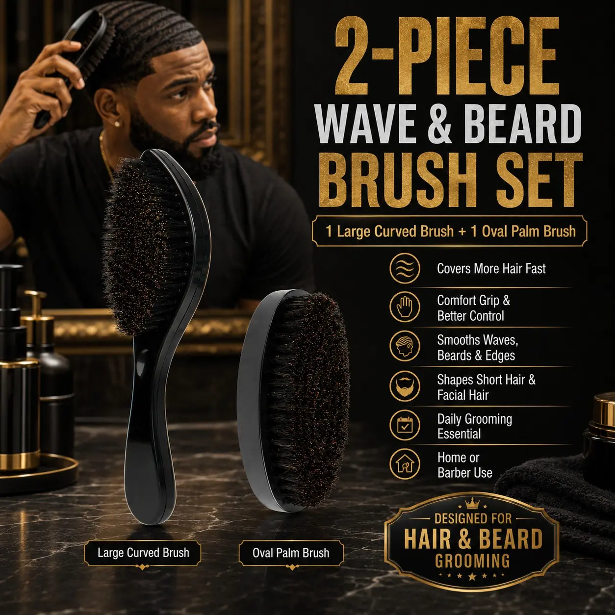 2‑Piece Wave & Beard Brush Set, Large Curved Brush and Oval Palm Brush, Men Hair & Beard Styling Grooming Tool, Brush for Curly Hair, for Home and Barbershop Daily Use