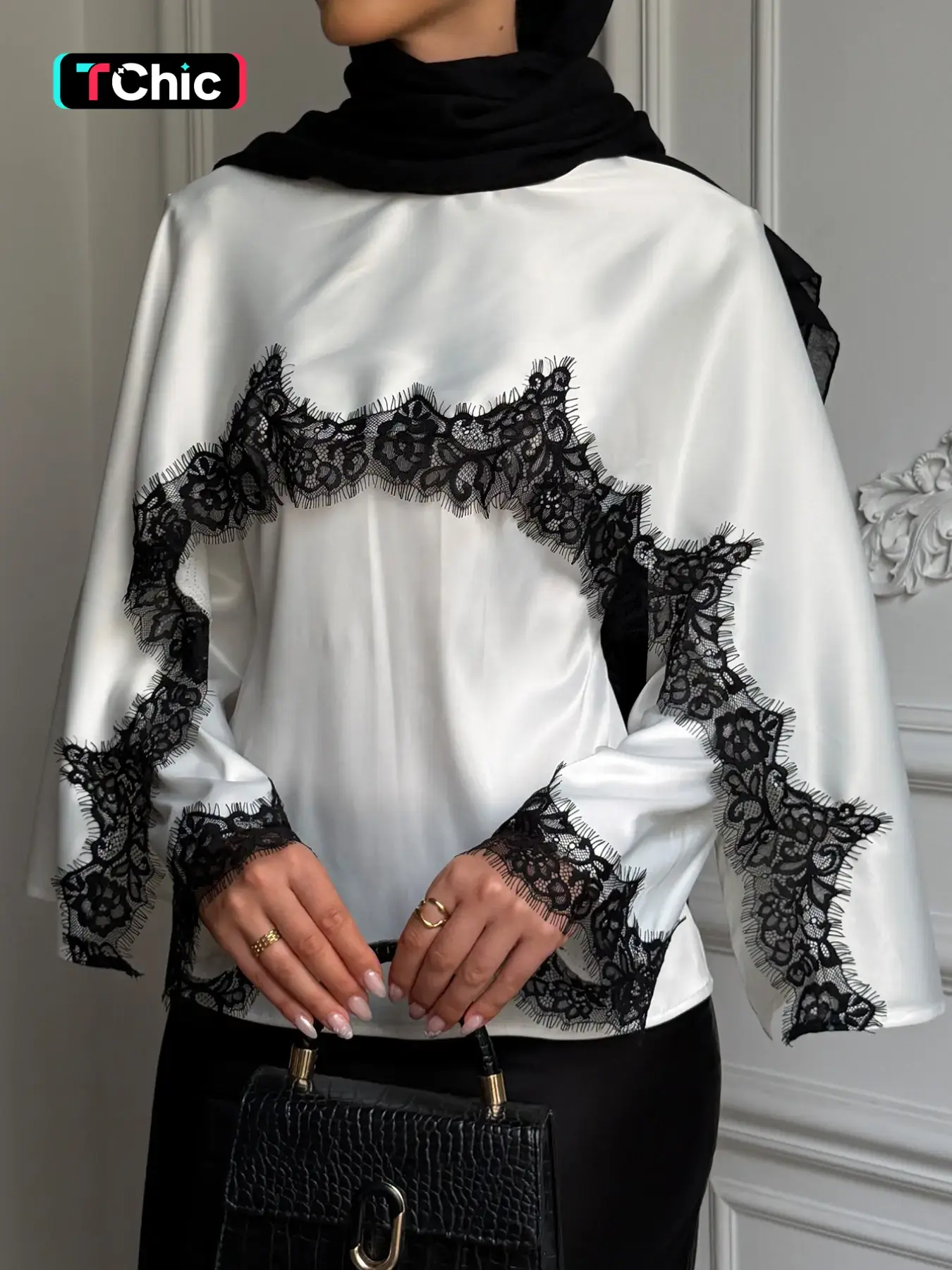 White Satin Lace Trim All Seasons Blouse Women Contrast Black Floral Eyelash Lace Long Sleeve Loose Fit Modest Elegant Top Luxury Silk Look Muslim Fashion Office Lady Chic Formal Blouse