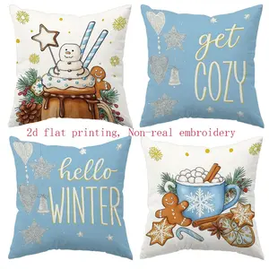 4pcs Christmas Cushion Covers Set, Festive Holiday Decor, Snowman Hot Chocolate Gingerbread Man, Zipper Closure, Hand Washable, Sofa Bed Home Decor