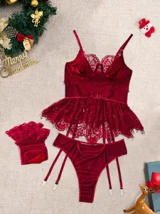 Christmas Sexy Lingerie Set for Women, 3 Piece Bra, Thong & Socks, Embroidered Temptation, High Quality Comfortable Gift  lace bra altgirl clean girl style boyfriend gifts