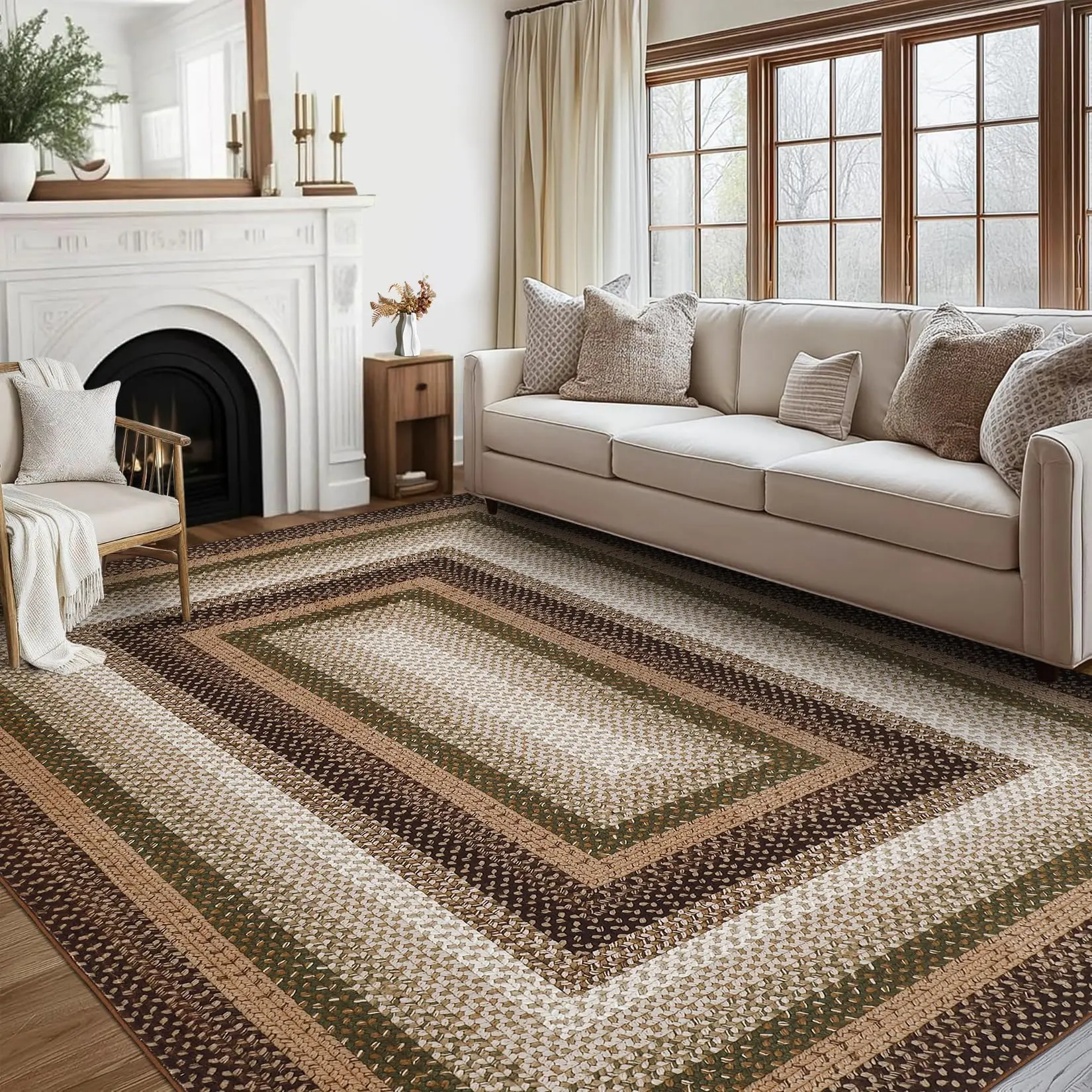 Garvee Bedroom Rug 9x12 Under Bed Machine Washable Area Rugs Modern Braided Print Floor Cover Carpet with Non Slip Backing Stain Resistant Bordered Rug for Nursery, Living Room, Green/Taupe