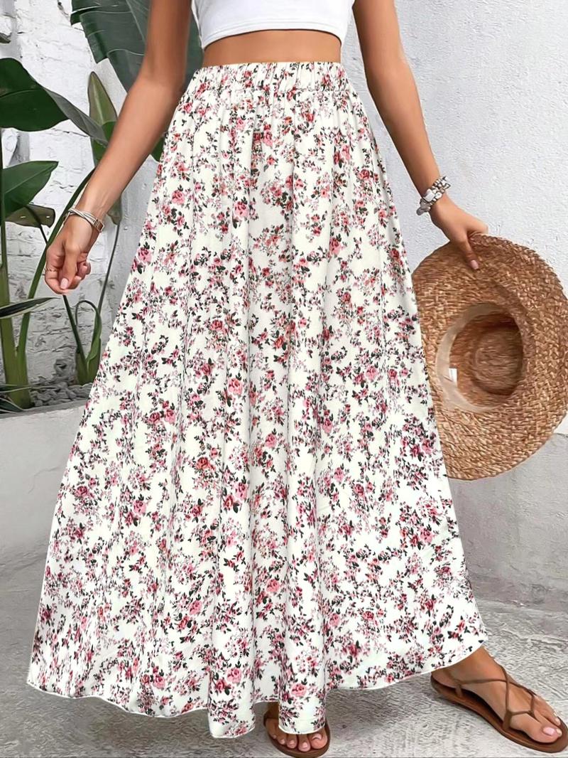 【Plus Size】 Ditsy Floral Print A Line Skirt, Boho Fashion Casual Elastic Waist Long Skirt for Daily Holiday Vacation Wear, Women's Clothing for All Seasons 【Plus Size】 Ditsy Floral Print A Line Skirt, Boho Fashion Casual Elastic Waist Long Skirt for Daily Holiday Vacation Wear, Women's Clothing for All Seasons