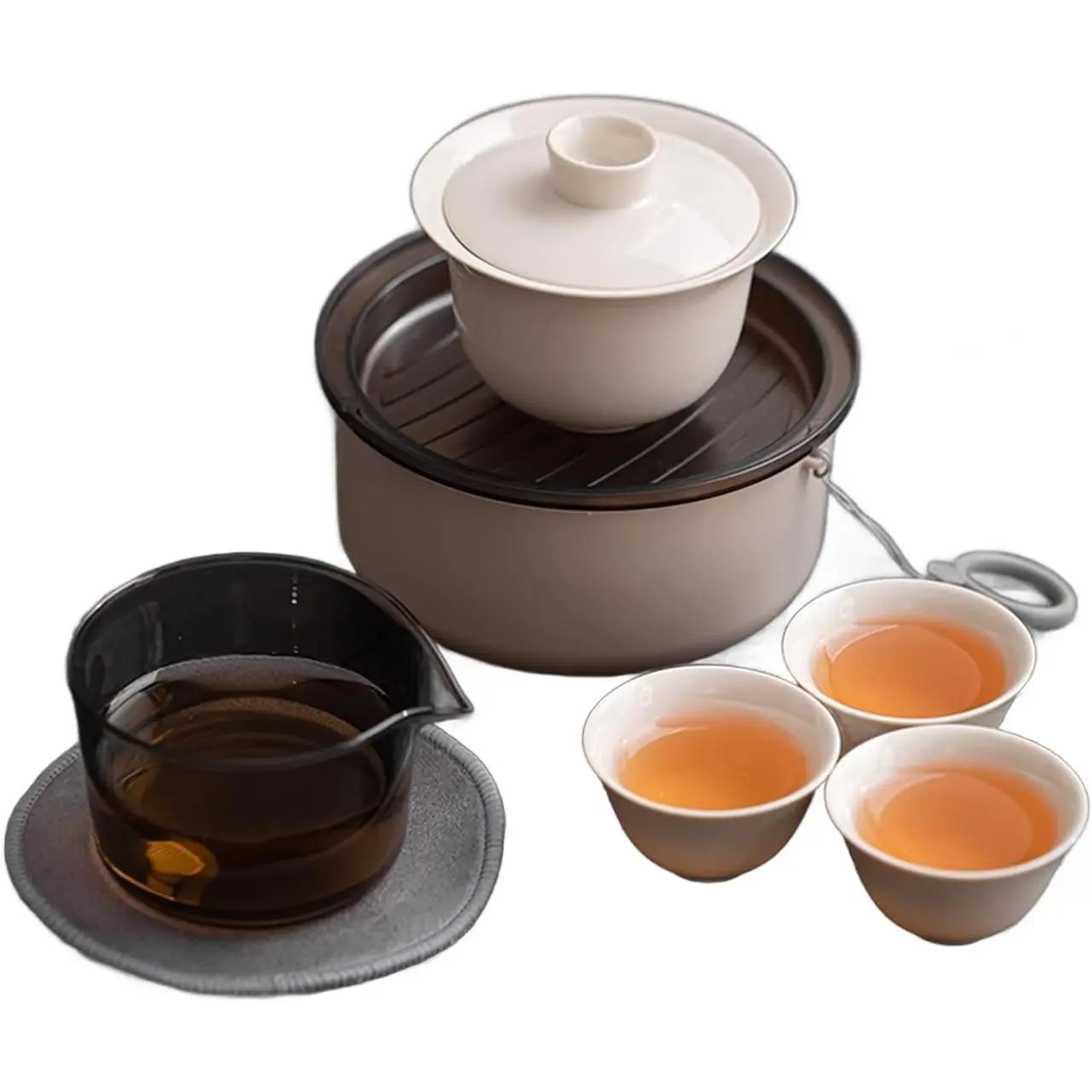 Portable Gaiwan Gongfu Tea Set with Tray, Chinese Travel Tea Set for 1-3, Comes with Cups & Fairness Pitcher, Ceramic Kung Fu Tea Set for Loose Leaf & Tea Bag (Wood Ash Glaze)