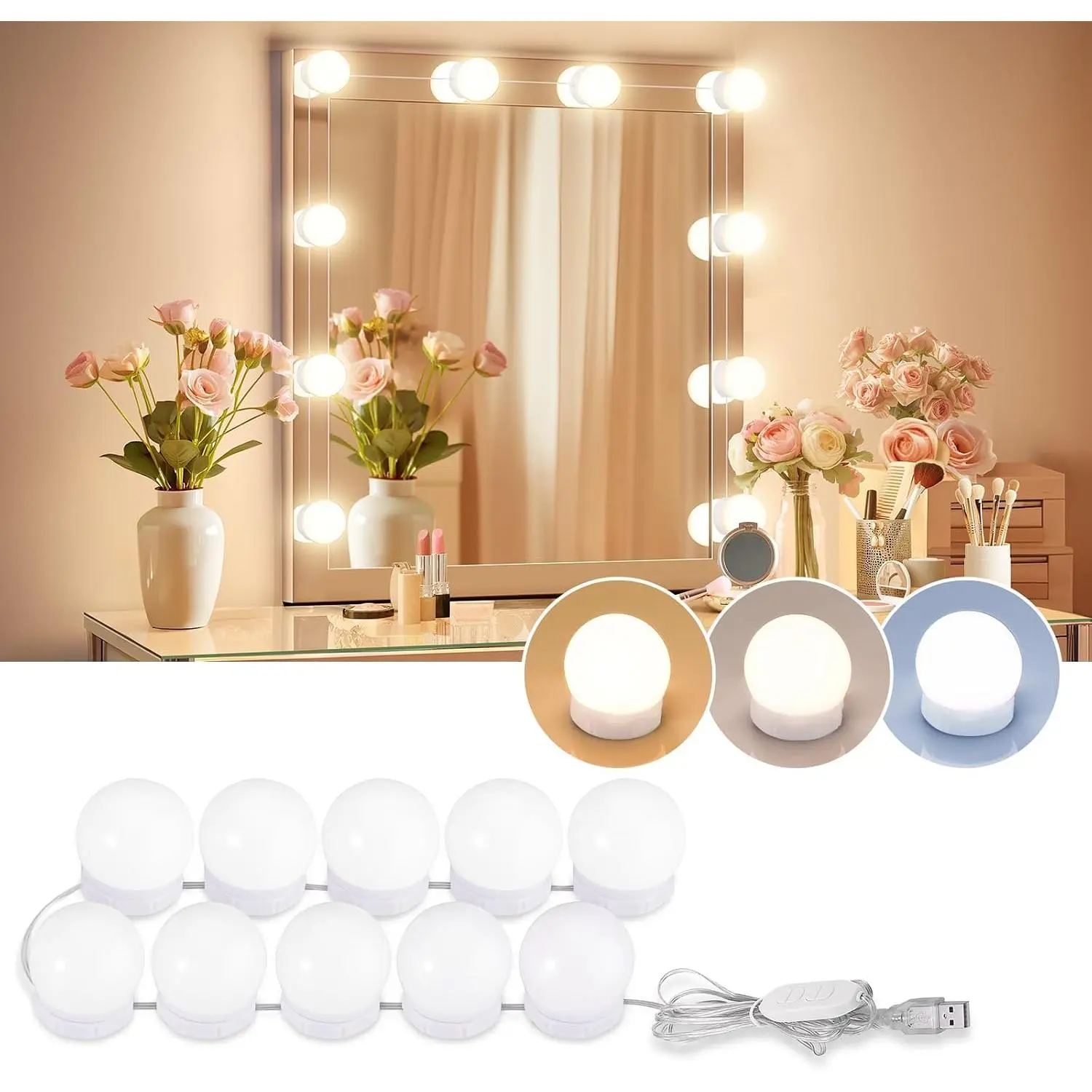 LED Vanity Lights For Mirror, Hollywood Style Vanity Lights With 10 Dimmable Bulbs, Adjustable Color & Brightness, USB Cable, Mirror Lights Stick on for Makeup Table Dressing Room Mirror