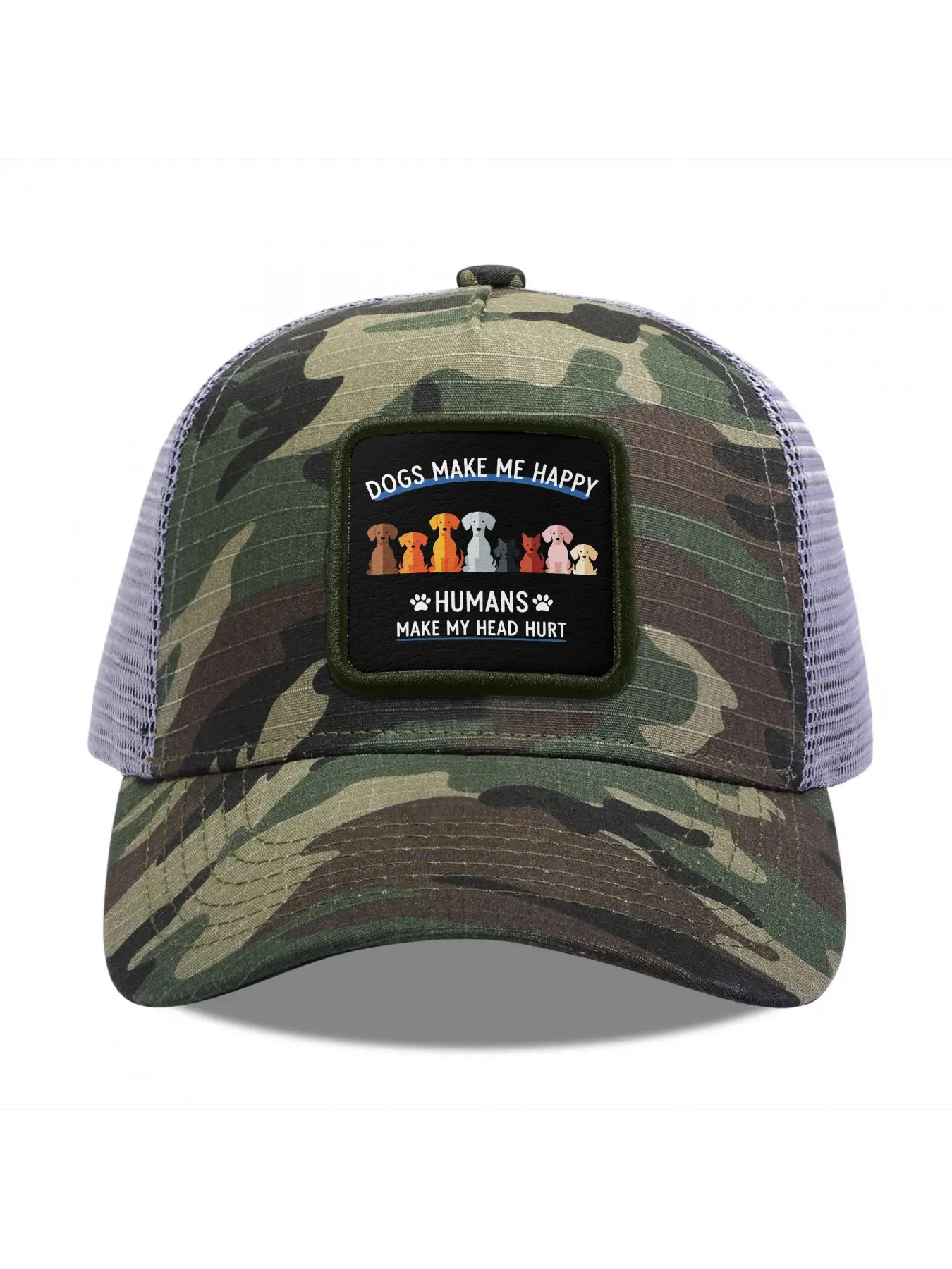 Dogs make me happy humans make my head hurt 1 Camouflage Mesh Baseball Cap for Men & Women - Adjustable Snapback Trucker Hat, Breathable Back for Hiking, Fishing, Camping, Golf & Casual Outdoor Attire Camouflage Random