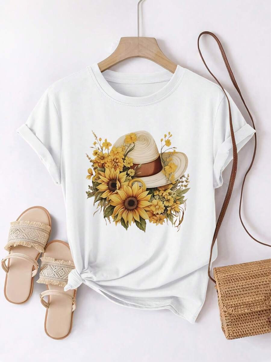 Sunflower Print Round Neck T-Shirt, Casual Loose Fit Short Sleeve Tee Top For Women, Summer
