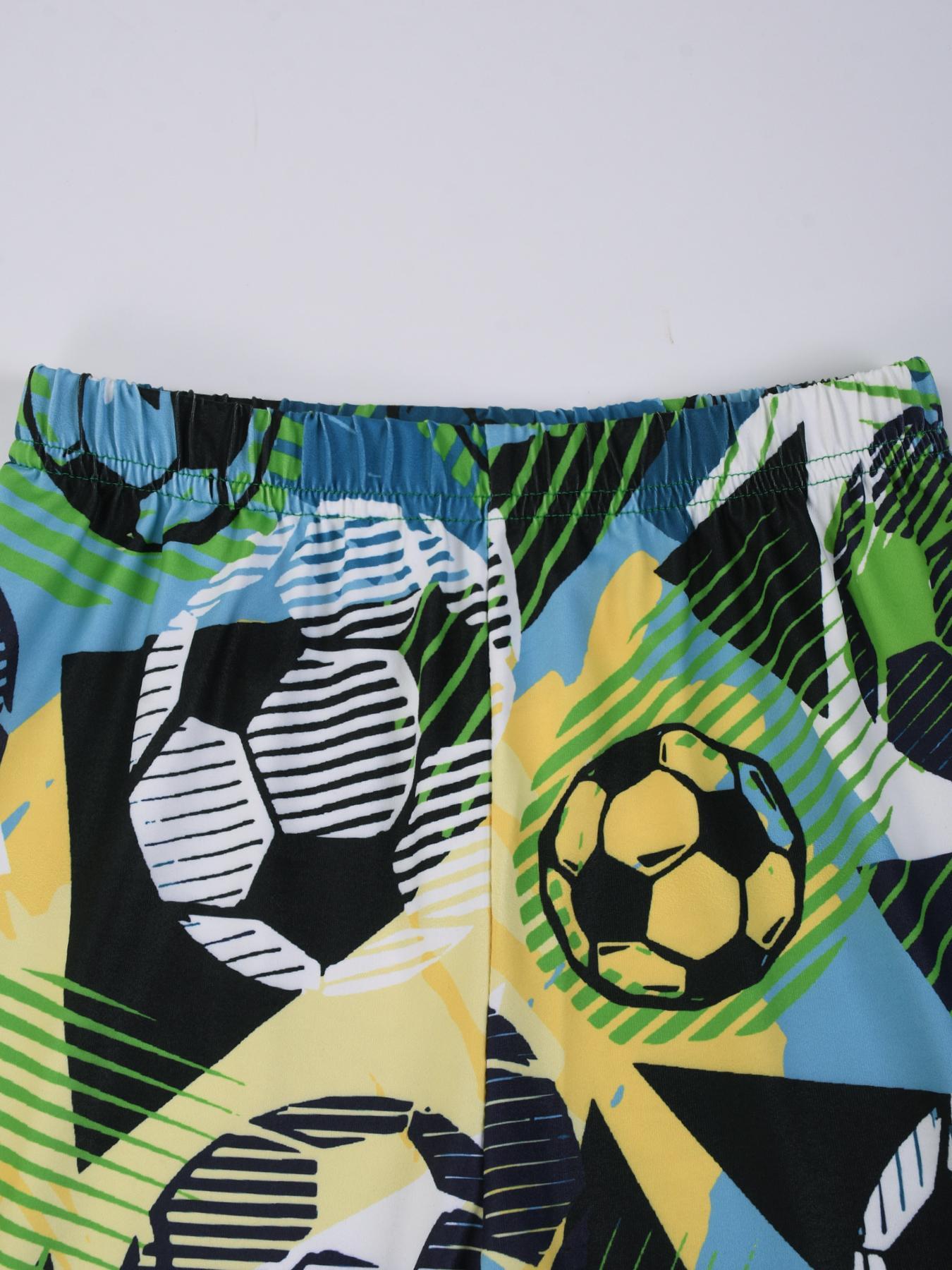 Boy's Junior Cartoon Soccer Print Short Sleeve Tee & Shorts PJ Set, Casual Comfy Round Neck T-shirt & Shorts PJ Set, Kids Sleepwear for Summer, Pajama Sets