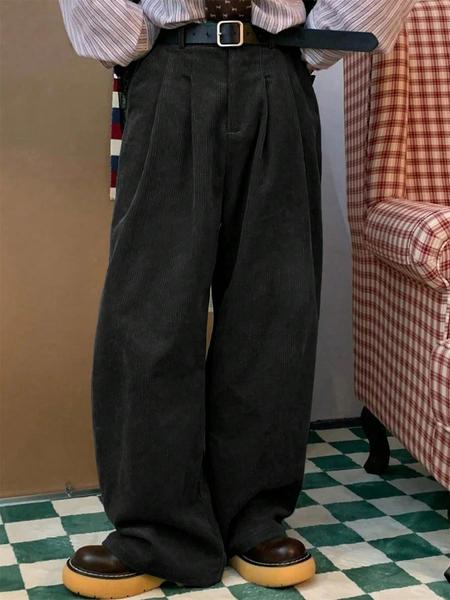 Men's Solid Color Corduroy Pants Loose Fit Straight Leg Side Pocket Casual Slant Pocket Basic Bottoms Retro Classical Ribbed Elastic Waist Micro Pleated Dress Pants Soft Easily Match Fall Winter Daily Lounge Pants Clubwear Party Outdoor Work as A Gift