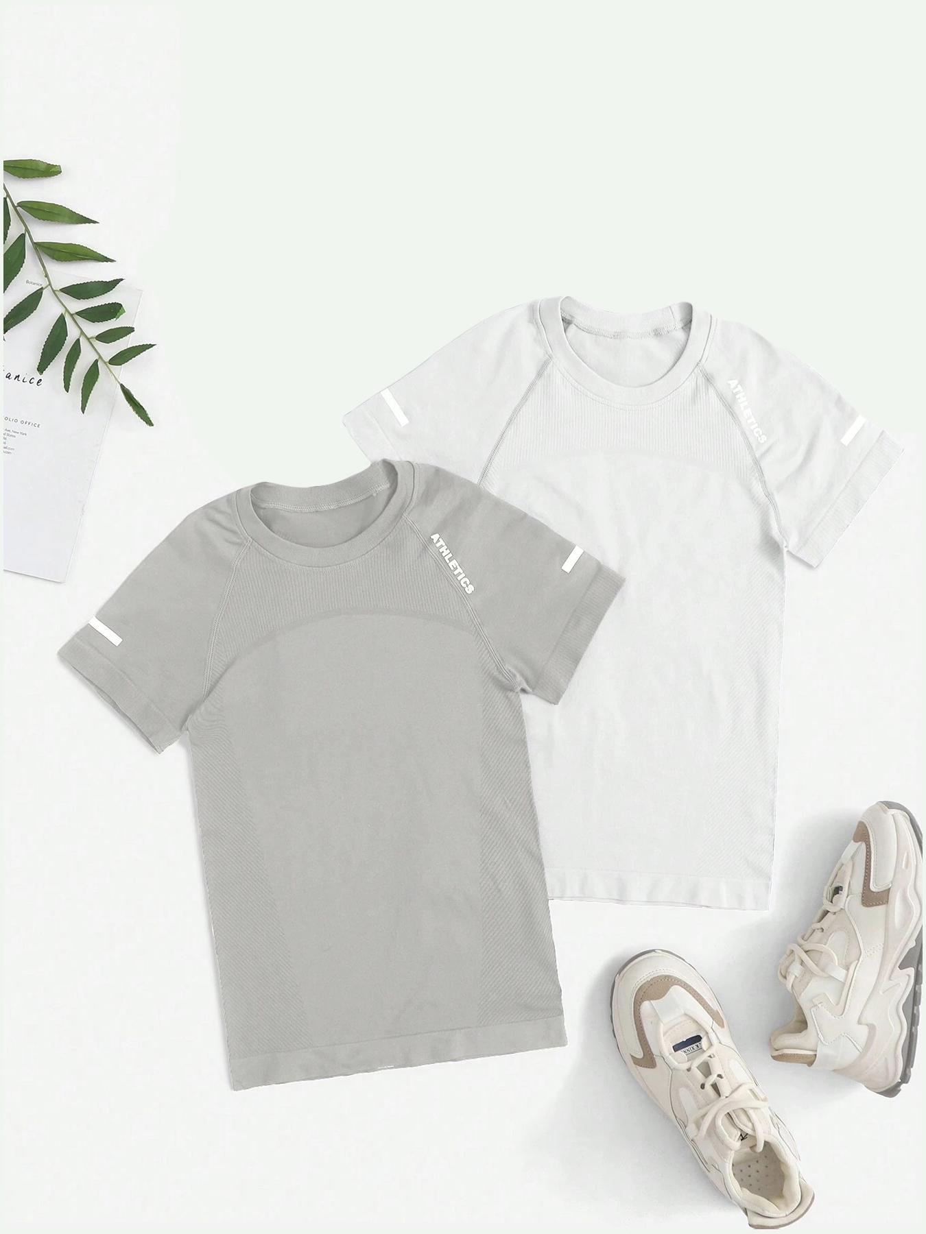 Women's 2pcs Letter Print Raglan Sleeve Sports Tee, Round Neck Short Sleeve T-Shirt for Yoga Gym Workout Running, Ladies Sportswear for All Seasons, Athletic Yoga Shirts