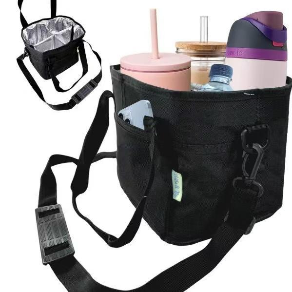 4-Compartmen CoffeeDrinkware Water Bottle Carrier with Adjustable Strap Foldable Detachable Hook-and-Loop Interior Divider for Car Travel Beach Picnics Outdoor Straw Accessories Classic Black Lake Blue Heather Dark Gray Heavy-Duty Nylon