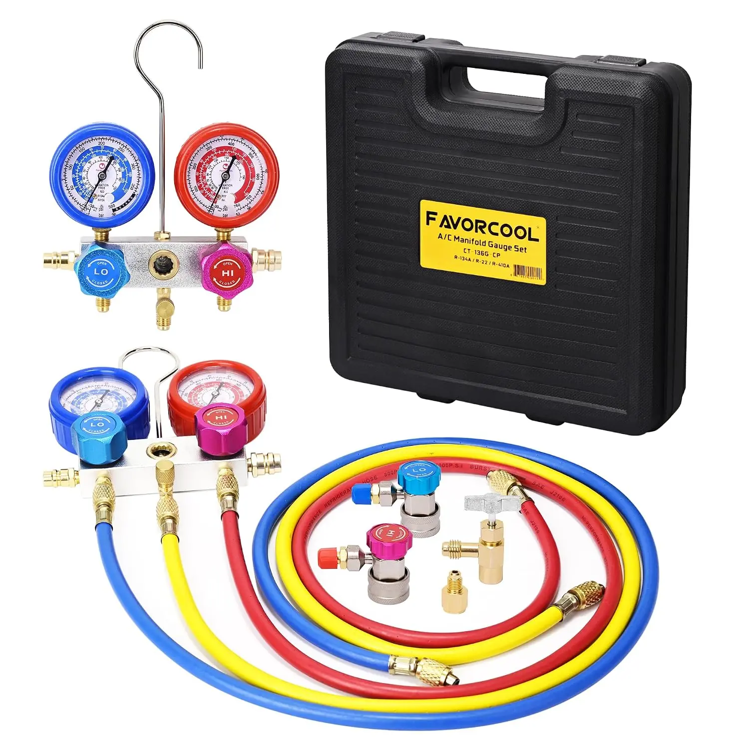 HVAC Gauges AC Manifold Gauge Set for R410a R134a R22 Refrigerant for Home AC Aluminum Body 3-Way AC Gauges R410a Manifold Set with 4FT and Gauge Set Auto Recharge Kit