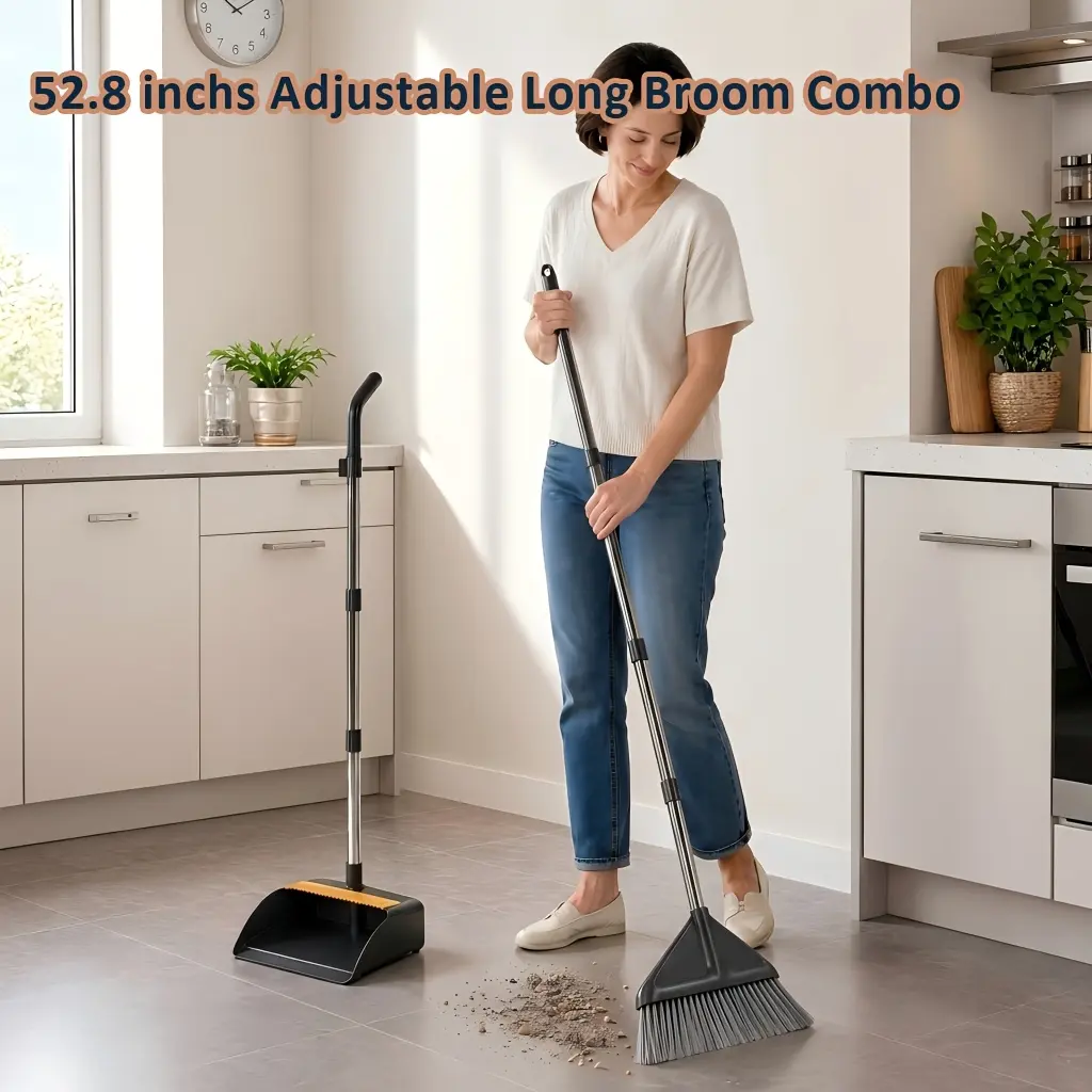 3-in-1 Heavy-Duty Broom and Dustpan Combo with Adjustable Long Handle, Thickened Stainless Steel & Metal-Reinforced Edges, Ergonomic Sweeping Tool for Hard Floors, Ideal for Home Cleaning and Pet Hair, Indoor & Outdoor Use