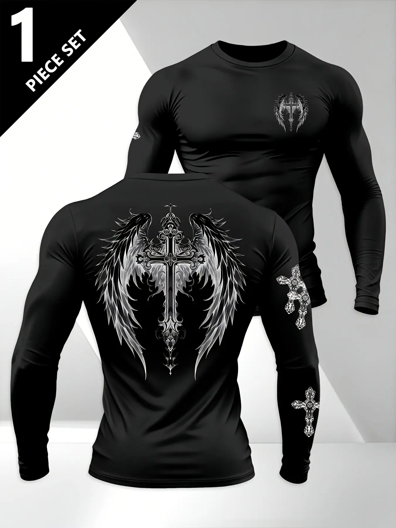 Single Men's Solid Black Gothic Wing Cross All Over Print Compression Long Sleeve Top, Lightweight Quick Dry Stretch Tight Fit Crew Neck Athletic Training Undershirt For Travel Tactical Gym All Season Layering #summersaledeals2026 #allseasonbaselayer
