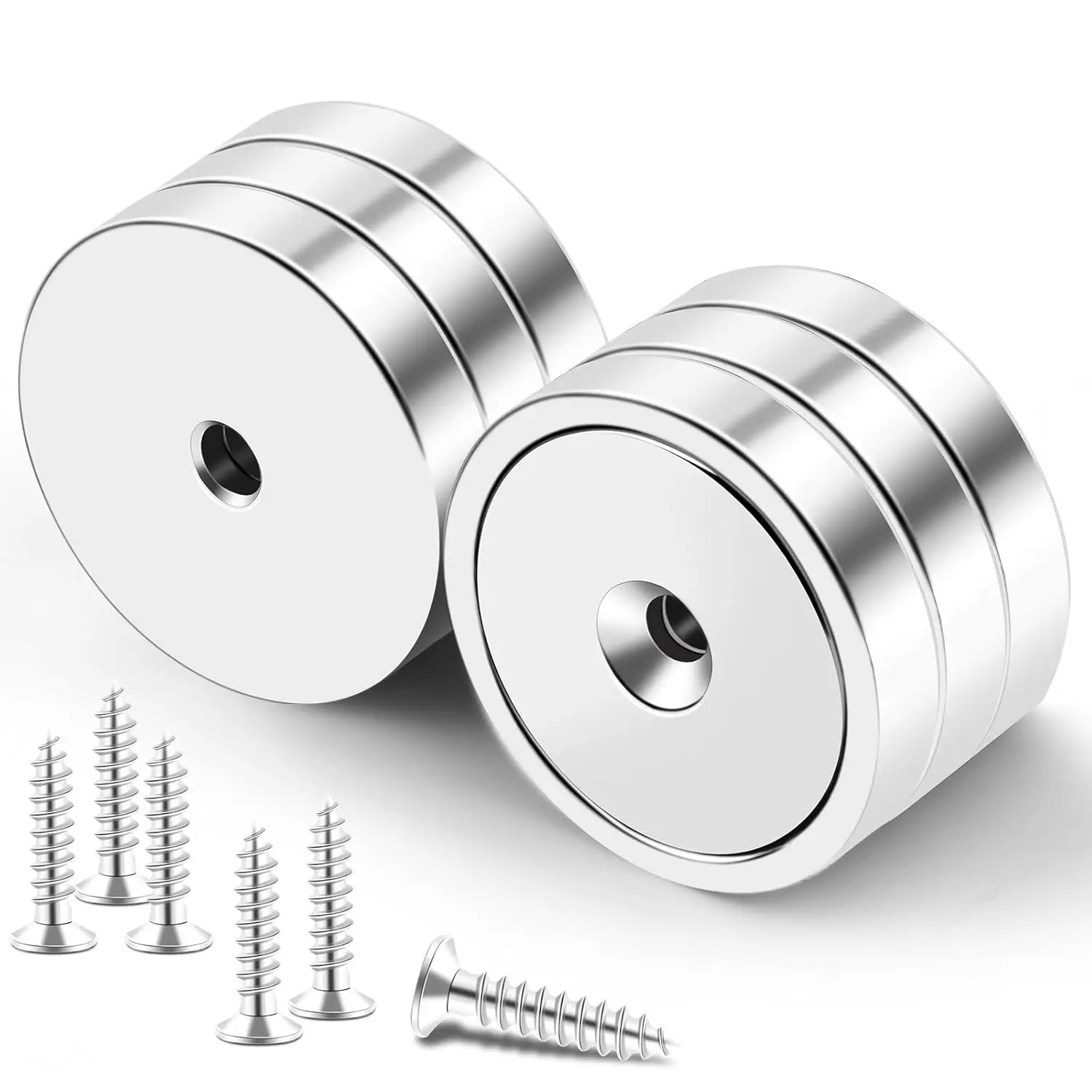 LOVIMAG Neodymium Cup Magnets, 6-Pack Silver 150lbs Max Load Waterproof Rare Earth Magnets with Holes and Screws for Wall Mounting, Tool Holding & Lifting