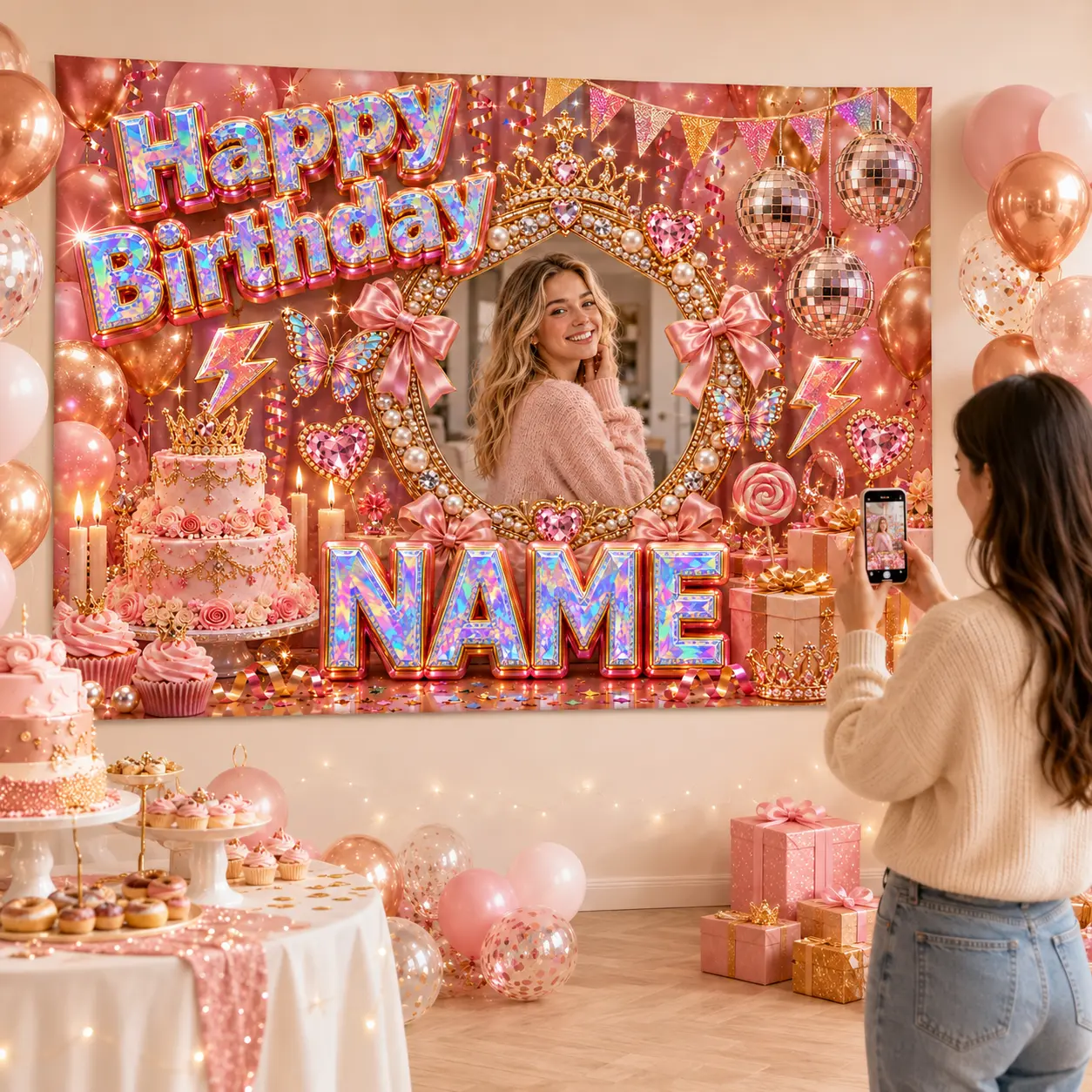 Personalized Pink Glam Birthday Backdrop with Photo and Name, Crown, Bows, Butterflies, Hearts and Cake Party Decor