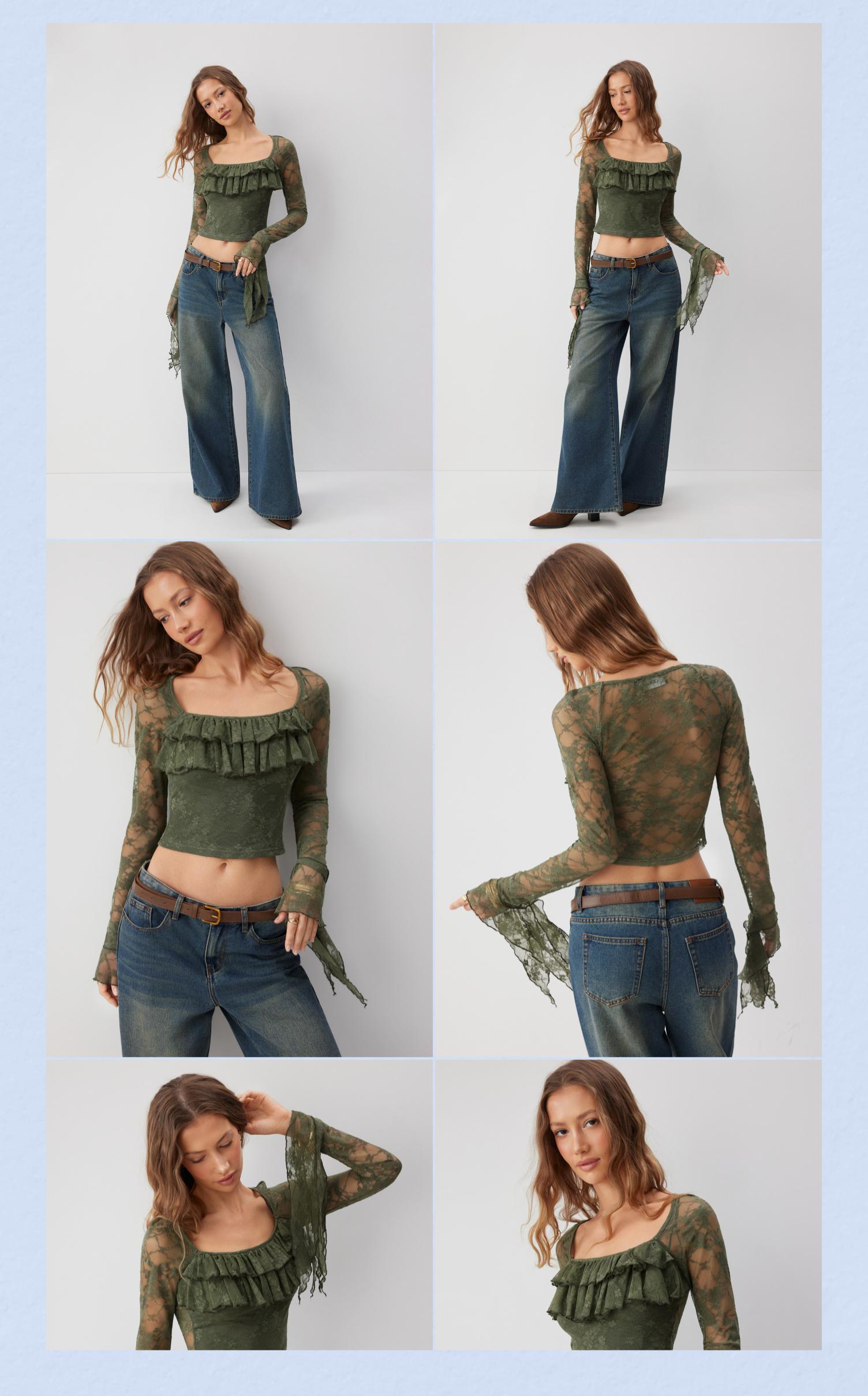 Cider Lace Square Neck Ruffle Sleeve Crop Top