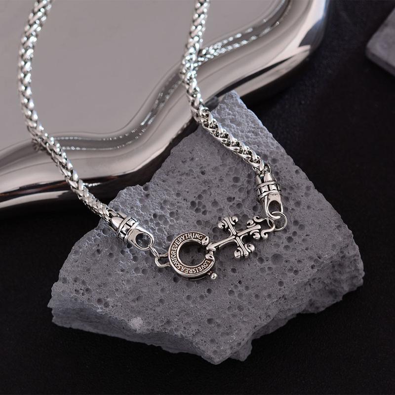 Silver-Plated Cuban Chain Bracelet with Retro Cross Charm, Vintage Horseshoe Clasp Design, November Birthstone Accent Bracelet for Men & Women, Elegant Jewelry for Daily Wear, Parties & Gift Occasions