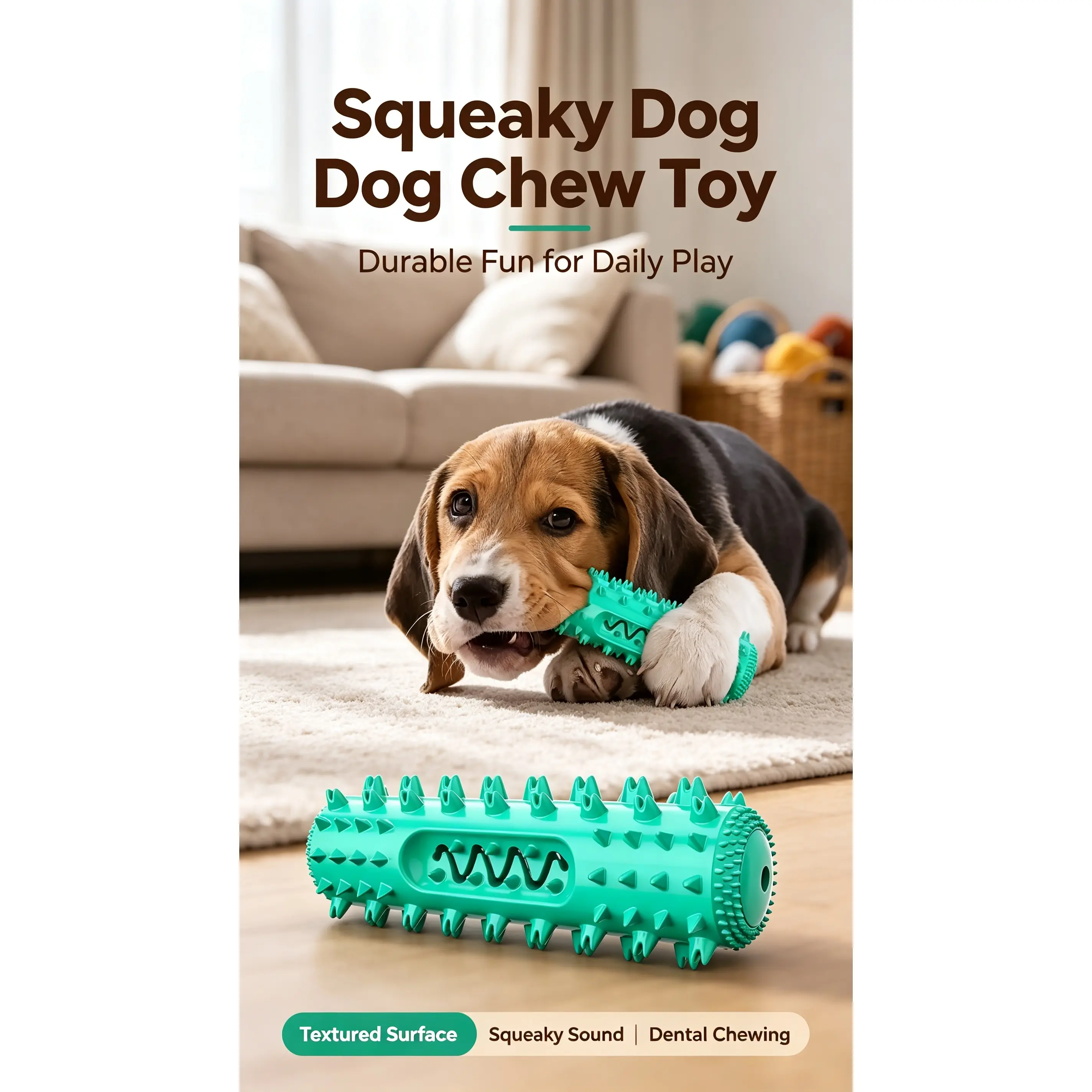 Squeaky Dog Chew Toy, Spiky Textured Dental Teething Stick, Durable Rubber Tooth Cleaning Toy, Interactive Squeak Molar Toy for Puppies & Medium Dogs