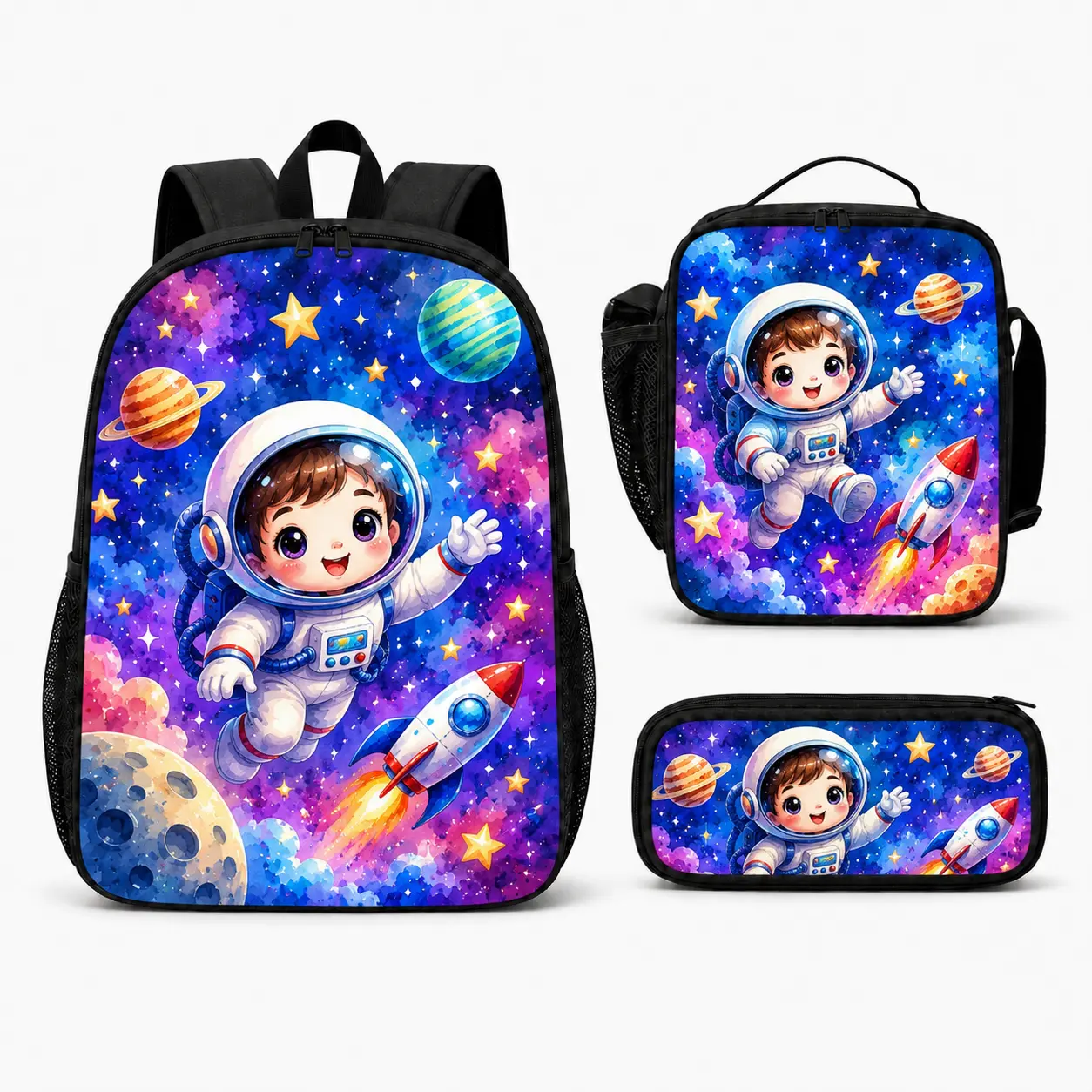3-Piece Cartoon Astronaut Backpack Set for Boys: Features a high-capacity, dual-compartment backpack; an insulated lunch bag that can be carried by hand or worn over the shoulder; and a matching pencil case. Ideal for daily school use.