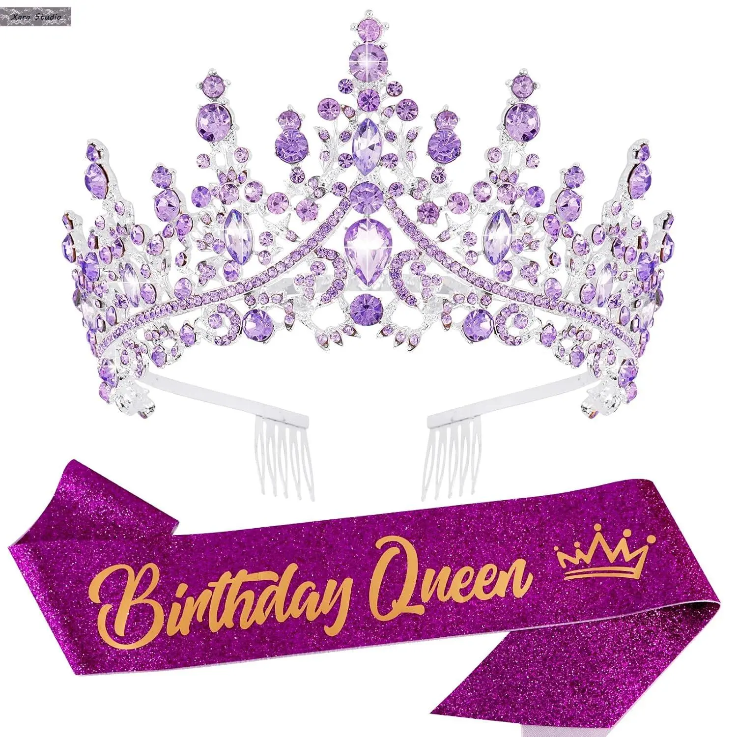 Baroque Rhinestone Accessory Set for Women, 3-Piece Kit with Elegant Crown Design Costume Headpiece, Headband & Birthday Queen Sash for Birthday & Bachelorette Parties, Sparkling Stones, Female