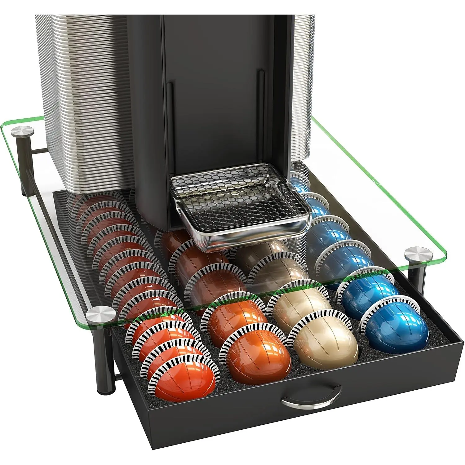 Tempered Glass Vertuo Pod Holder Drawer, 28 Large or 56 Small  Capsule Organizer, Black