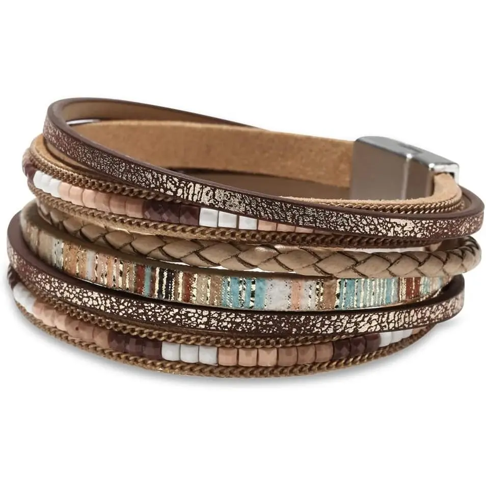 Fesciory Leather Wrap Bracelets for Women, Boho Western Layered Jewelry | Layered leather cuff bracelets, Easy on and off, Boho western style, Daily wear, Gift for women