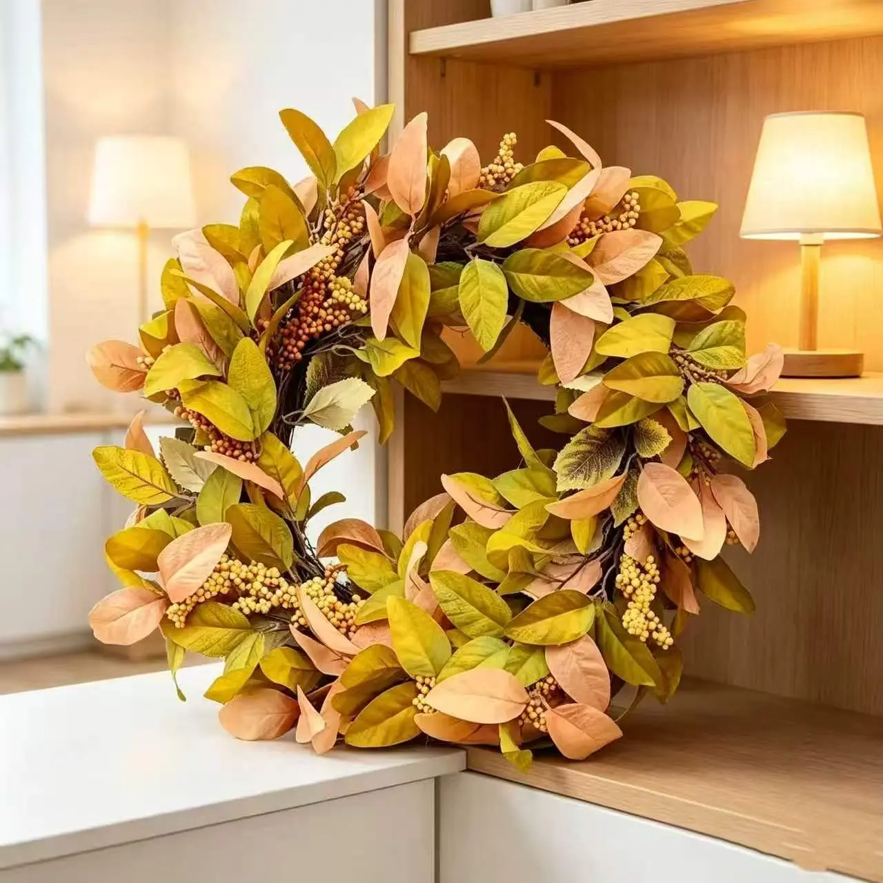 Rustic Neutral Fall Artificial Wreath, Mixed Leaves and Gold Berry Grapevine Wreath, Farmhouse Thanksgiving Front Door Decor