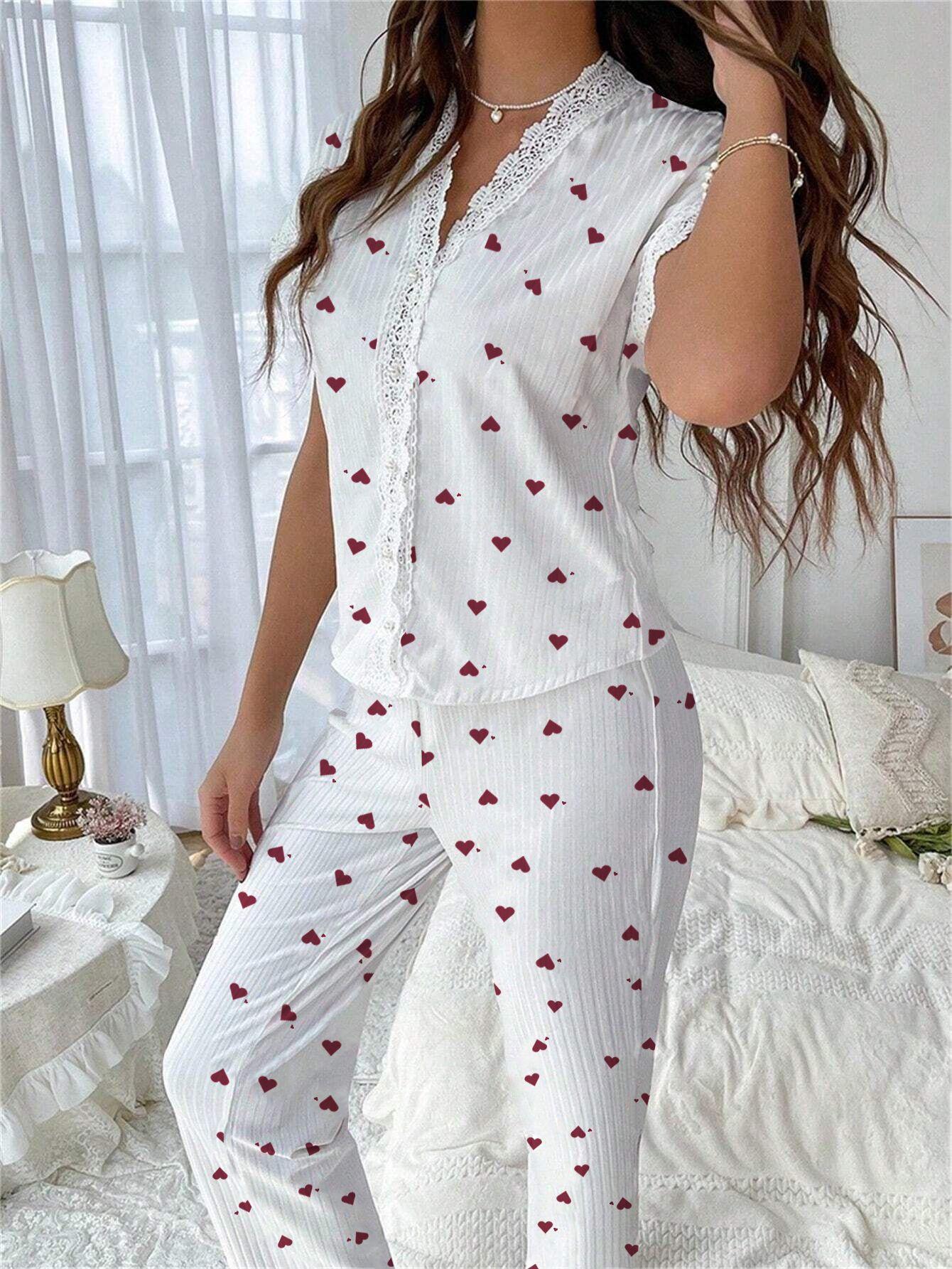 Cherry Print Short-Sleeve Collared Pajama Set for Women Oversized Style with Matching Pants