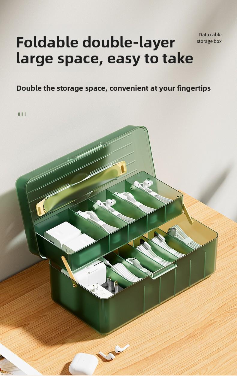 Data cable storage box with compartments, cable organizer, mobile phone charging cable desktop drawer, dustproof flip-top storage box