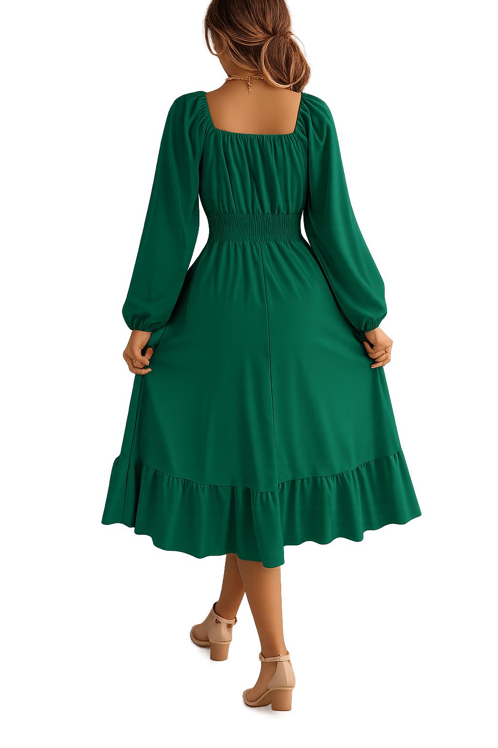 2026 Spring and Summer Leisure Solid Color Square Collar Long Sleeve Waist-Cinched A-Line Skirt