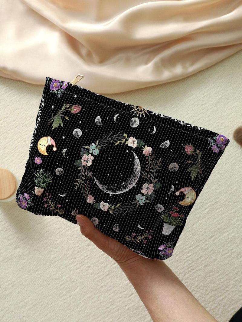 Floral & Moon Pattern Corduroy Makeup Bag, Large Capacity Zipper Cosmetic Storage Bag, Lightweight Multi-functional Toiletry Bag for Women & Girls, Travel Cosmetic Bags, Travel Essentials