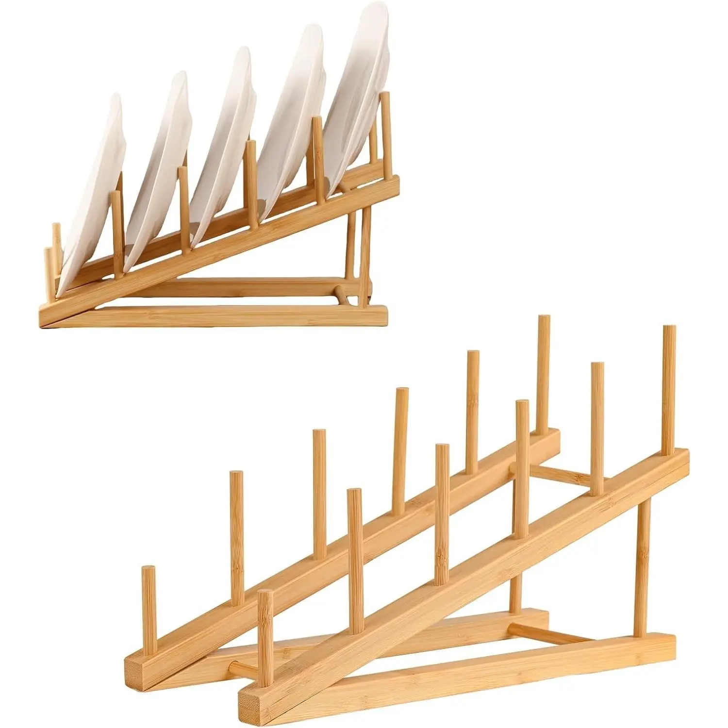 Wooden Plate Rack Organiser - 2-Pack 5-Tier Tabletop Display Stand for Home Storage, Craft Show Use, Books, Artwork and Platters