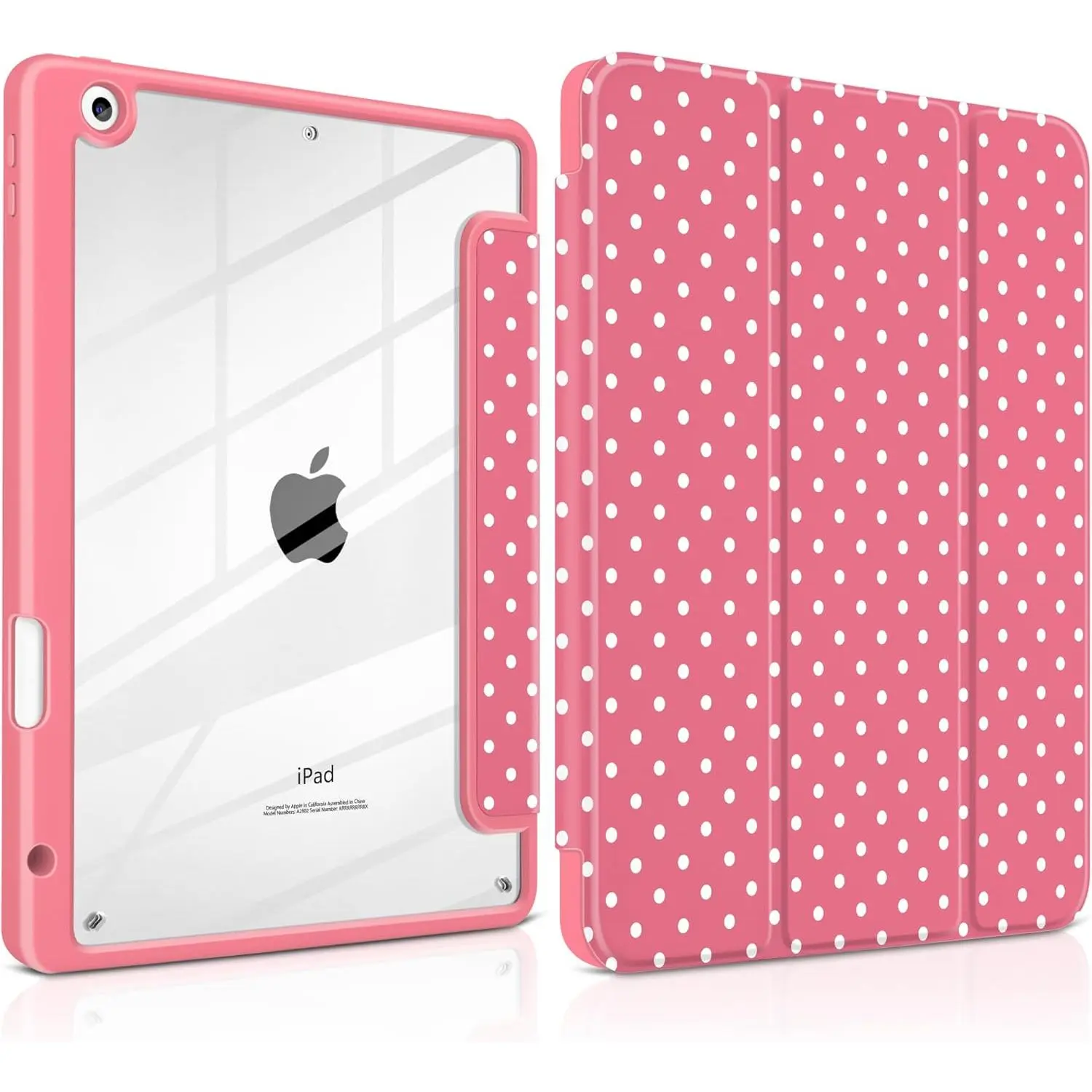 for iPad 9th 8th 7th Generation 10.2 Inch 2021 2020 2019 Case -[-in Pencil Holder], Shockproof Clear Hard , Slim Trifold Stand, Auto Wake/Sleep, for Girls Teen, Rose White dot