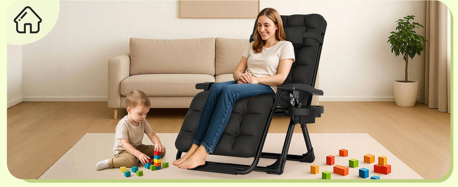 Zero Gravity Chair, Reclining Camping Lounge Chair w/Removable Cushion, Upgraded Lock and Cup Holder, Reclining Patio Chairs Folding Recliner for Indoor and Outdoor