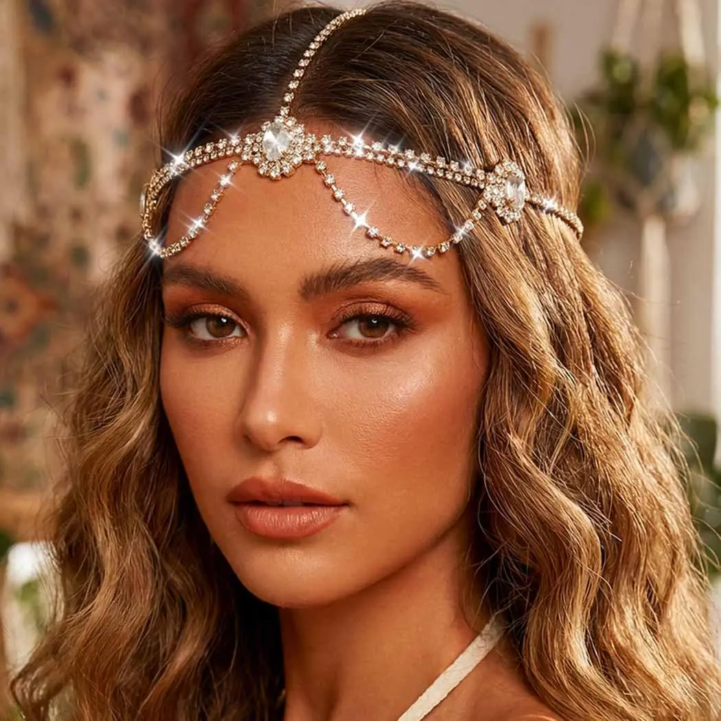 Rhinestone Prom Headpiece   for Women |   Jewel   Laryered Goddess headband Chain