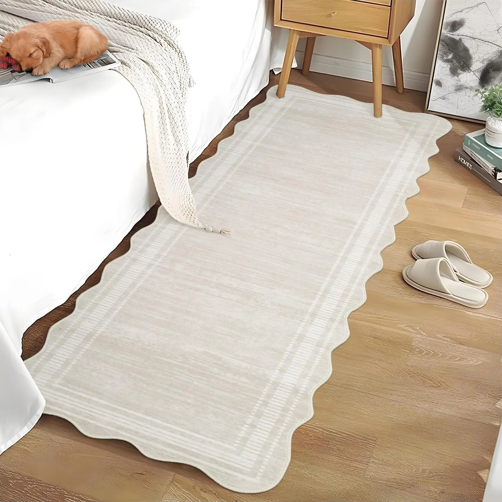 Garvee Washable Runner for Hallway 2x6 Kitchen Runner Rug, Non Sip Bathroom Soft Rug Runner, Low Pile Scalloped Solid Scalloped Indoor Carpet for Entryway Laundry Room Foyer, Beige